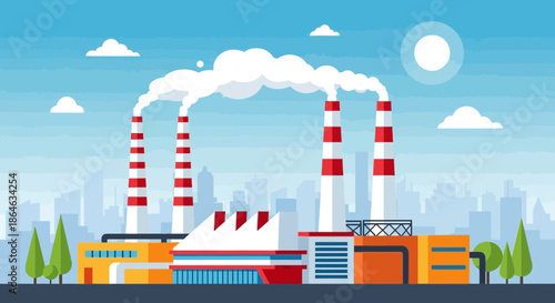 A sprawling industrial complex with towering smokestacks emitting plumes of white smoke against a bright blue sky with scattered clouds and a distant cityscape