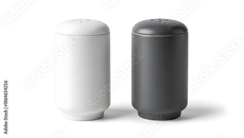 Minimalist white and black ceramic salt and pepper shaker set isolated on a clean white background.
