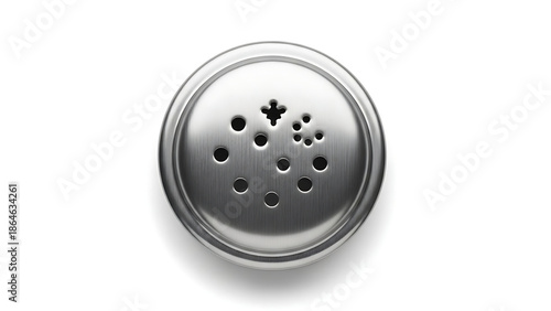 Top-down view of a polished stainless steel salt shaker lid with a cross-shaped dispensing hole on a white background.