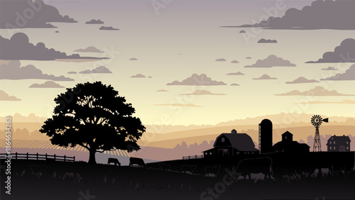 Serene Countryside Landscape Vector Illustration at Sunset with Farm Silhouettes and Cows Grazing Under a Large Oak Tree
