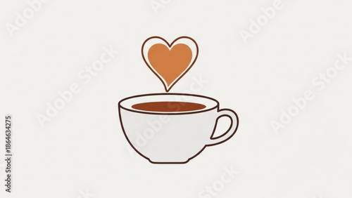 A romantic warm brown coffee cup with a heart rising from it symbolizing love and affection for the beverage with hot and drink and illustration
