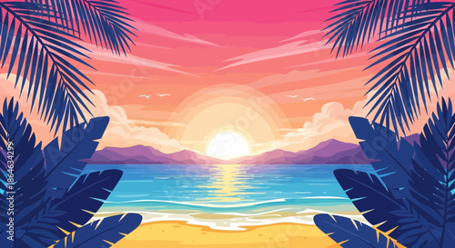 A vibrant tropical sunset over the ocean, framed by lush palm leaves, with mountains in the distance and colorful clouds painting the sky