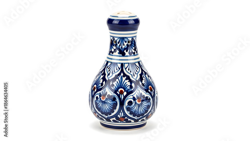 Traditional Multani blue pottery vase with intricate hand-painted floral patterns isolated on white background. Handmade ceramic shaker featuring classic blue and white kashikari art and decorative ar