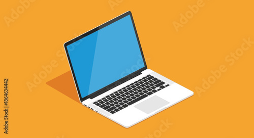 An isometric illustration of a modern white laptop with a blue screen and black keyboard, casting a shadow on an orange background
