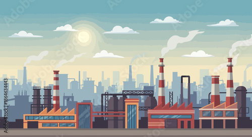 A sprawling industrial complex with multiple factory buildings and smokestacks emitting plumes of smoke against a backdrop of a hazy sky with a bright sun and scattered clouds
