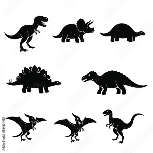 Collection of different types of dinosaurs silhouette Vector, illustration