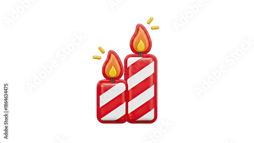 Two festive red and white striped birthday candles with lit flames