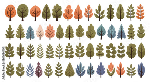 A vibrant collection of stylized trees and leaves in various shapes and autumn colors, showcasing the beauty of natures seasonal changes