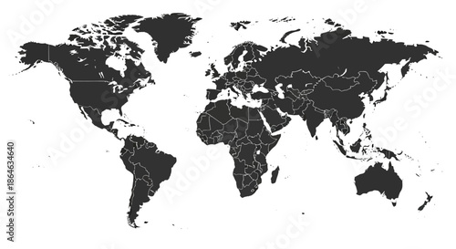 A detailed political map of the world, showcasing all continents and countries with clear borders, presented in a striking dark gray against a clean white background