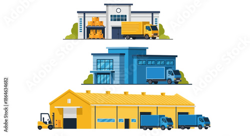 A collection of diverse warehouses and trucks, showcasing logistics and delivery operations with a forklift loading goods