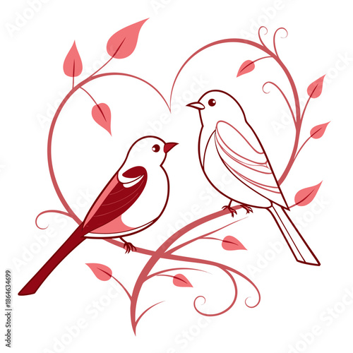 Whimsical Hand-Painted Illustration of a Vibrant Lovebird Couple Nestled Amidst Spring Blossoms.Charming Tropical Bird Duo Art Piece Representing Connection and New Beginnings in a Painterly Style.