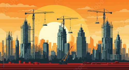 A vibrant cityscape unfolds at sunset, showcasing numerous skyscrapers under construction with towering cranes actively lifting materials, symbolizing urban development and progress