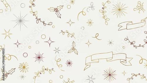 Hand drawn festive elements and ribbons seamless pattern.
