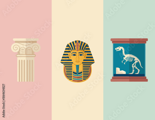 Ancient artifacts, Greek column, Egyptian pharaoh mask, dinosaur skeleton