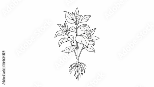Hand drawn sketch of a basil plant with roots.