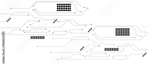 Abstract technology background. White circuit lines and connected dots on dark tech bg. Futuristic electronics concept.circuit board background	