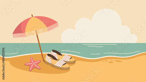 Relaxing beach vacation illustration with umbrella, sandals, and starfish