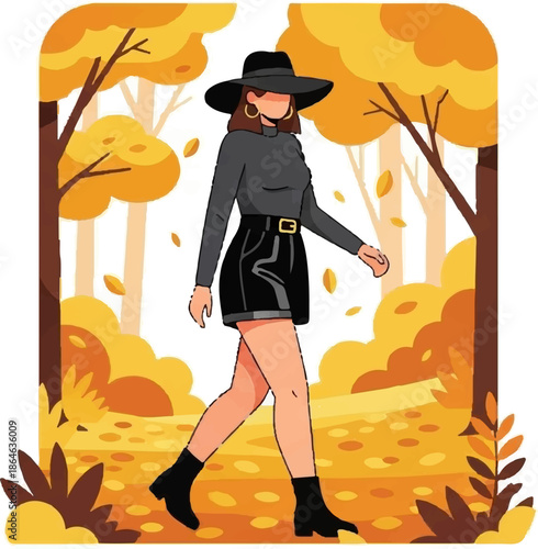 Woman in stylish outfit walks through an autumnal forest