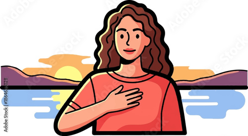 Woman places hand on heart with sunset over water and hills