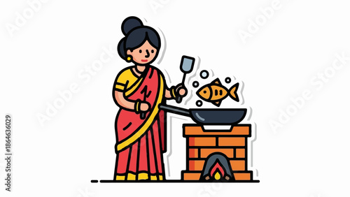 Woman in traditional dress cooks fish on an open fire stove