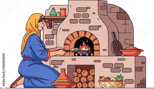 Woman preparing food in a traditional oven with vegetables and cookware
