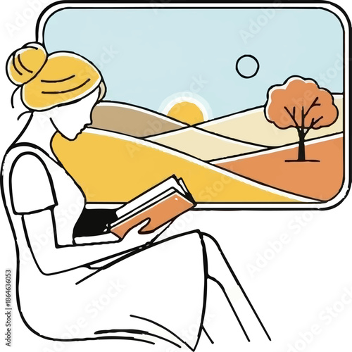 Woman reading a book with an autumn landscape visible through a window