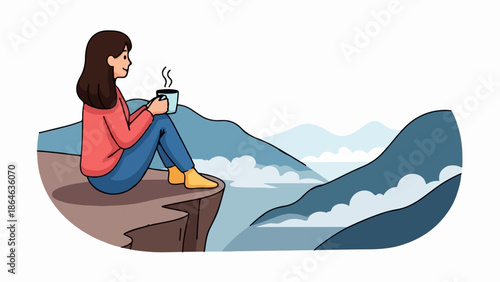 Woman sits on cliff edge, holding a hot drink, enjoying misty mountain view