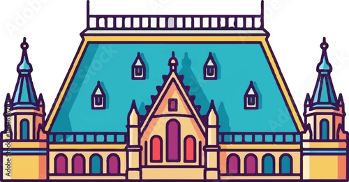 Whimsical building with turquoise roof, spires, arched windows, and detailed facade