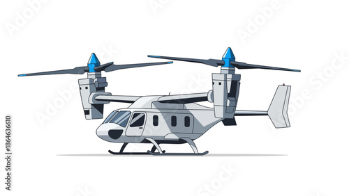 A pixelated tiltrotor aircraft in white and grey with blue rotor tips