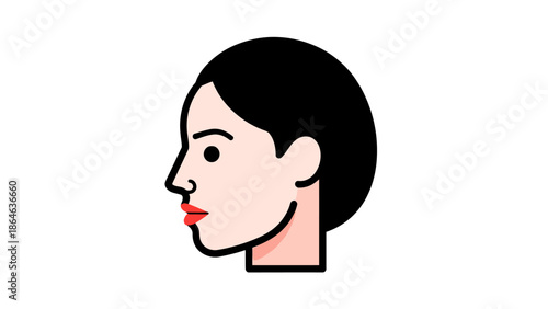 A profile view of a persons face with black hair and red lips