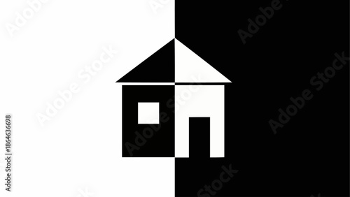 Minimalist house icon split between black and white backgrounds.