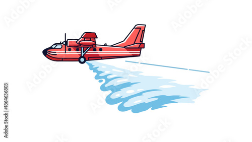 A red seaplane sprays water as it flies across a white background