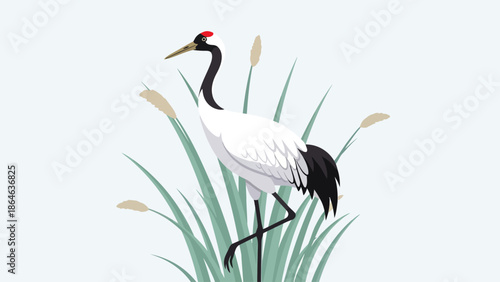 A redcrowned crane stands among reeds and cattails