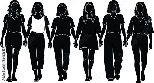 Women silhouette group walking together, diverse female figures holding hands, unity empowerment concept, black vector illustration, teamwork friendship equality symbol, isolated white background