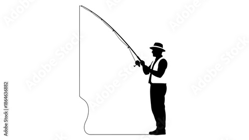 A silhouette of a person fishing with a rod and reel