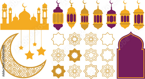 A collection of traditional Islamic symbols including a mosque, lanterns, and patterned crescent moon with stars