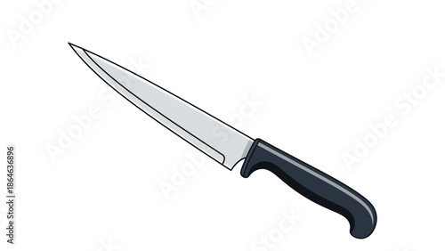 A silver knife with a black handle on a white background