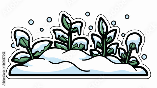 Vibrant green plants peek through a blanket of snow, accompanied by falling snowflakes in a cartoon style