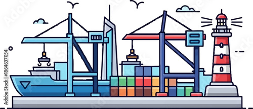 Vibrant illustration of a bustling port with a large cargo ship, cranes, and a lighthouse under small clouds
