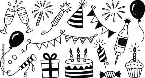 A delightful assortment of hand sketched celebration items with balloons, cakes, gifts, and festive party decorations