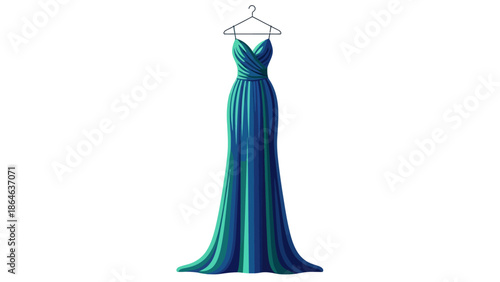 A strapless blue and green striped gown on a hanger