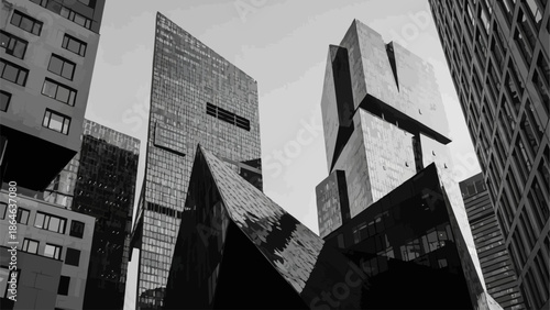 Modern architectural skyscrapers in a city viewed from below.