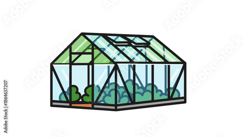 A stylized greenhouse with green foliage inside