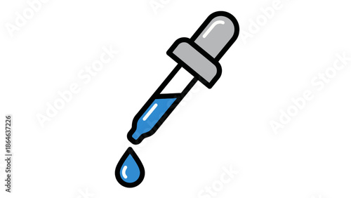 A stylized illustration of a dropper with blue liquid and a falling drop