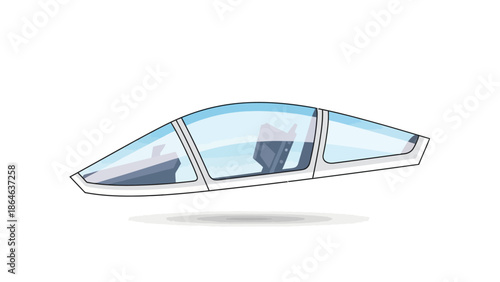 A stylized illustration of a white aircraft cockpit with bluetinted windows