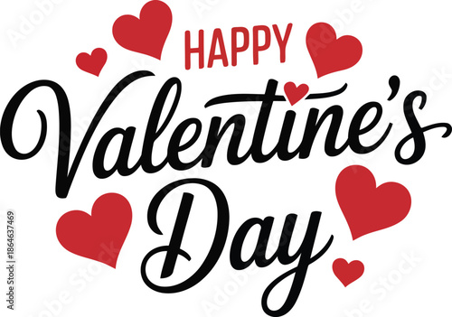 Bold Happy Valentines Day calligraphy script with playful red hearts floats on a clean white background