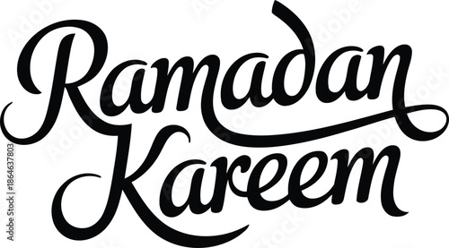 Beautiful black calligraphic writing forming Ramadan Kareem with graceful looping strokes on white