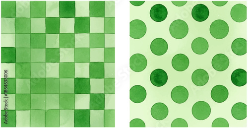 Two watercolor green patterns a checkerboard and polka dots on a light background
