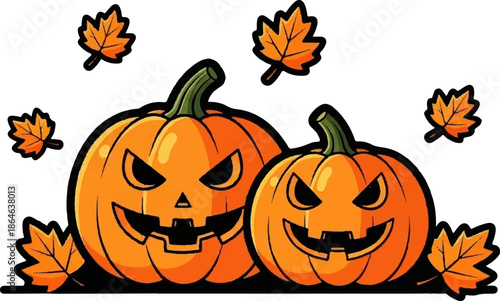 Two grinning carved pumpkins, one large and one small, are framed by falling orange autumn leaves
