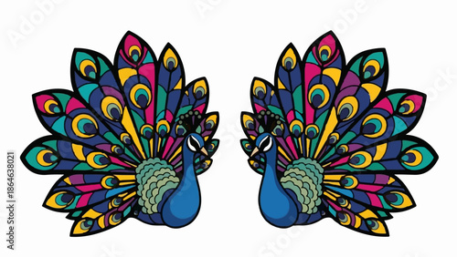 Two vibrant peacocks display their colorful, fanned tails in this stylized graphic